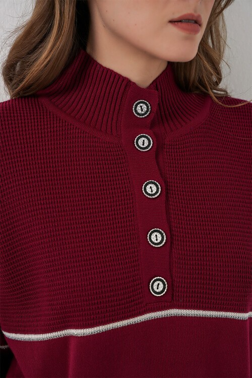 Kadın Çizgili Oversize Triko İkili Takım 15957 - Bordo