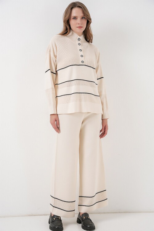 Kadın Çizgili Oversize Triko İkili Takım 15957 - Ekru
