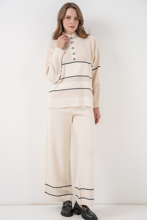 Kadın Çizgili Oversize Triko İkili Takım 15957 - Ekru