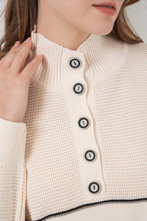 Kadın Çizgili Oversize Triko İkili Takım 15957 - Ekru