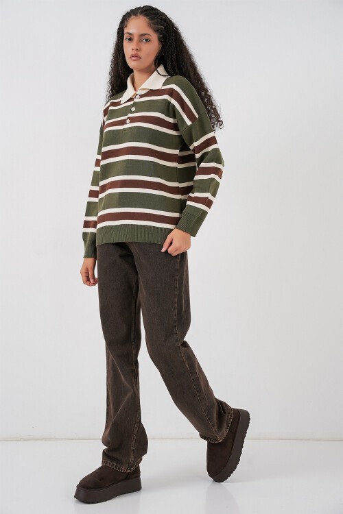 Kadın Çizgili Polo Yaka Triko Kazak 15952 - Haki
