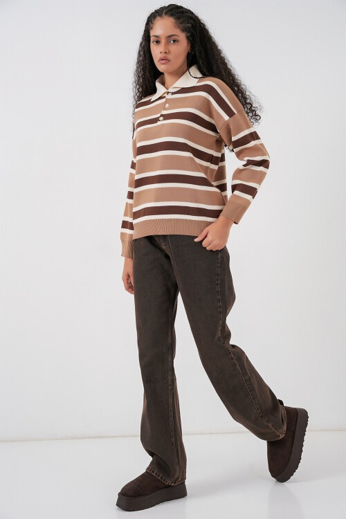 Kadın Çizgili Polo Yaka Triko Kazak 15952 - Vizon