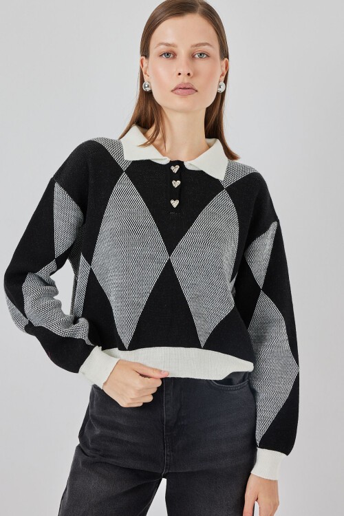 Kadın Crop Triko Kazak 15936 - D. Siyah