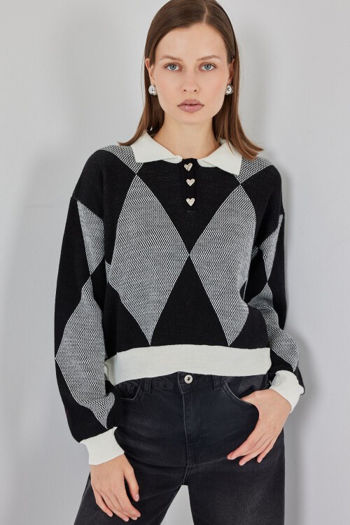 Kadın Crop Triko Kazak 15936 - D. Siyah