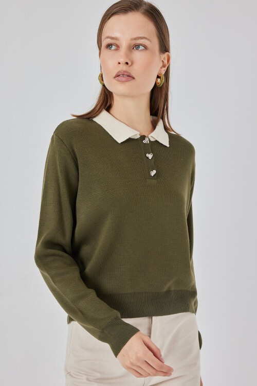 Kadın Crop Triko Kazak 15936 - Haki