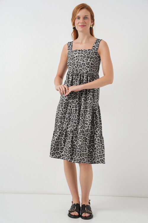 Kadın Desenli Askılı Midi Elbise 2577 - Antrasit