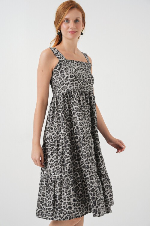 Kadın Desenli Askılı Midi Elbise 2577 - Antrasit