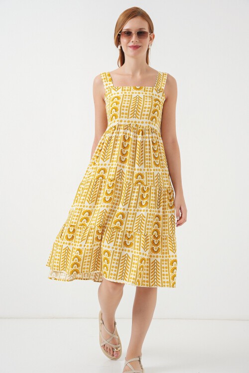 Kadın Desenli Askılı Midi Elbise 2577 - Sarı