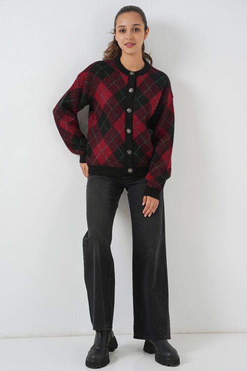 Kadın Desenli Düğmeli Triko Hırka 15927 - Bordo