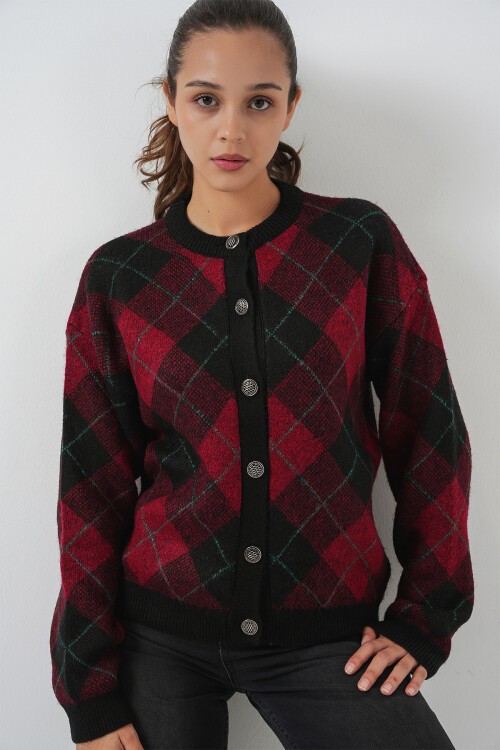 Kadın Desenli Düğmeli Triko Hırka 15927 - Bordo