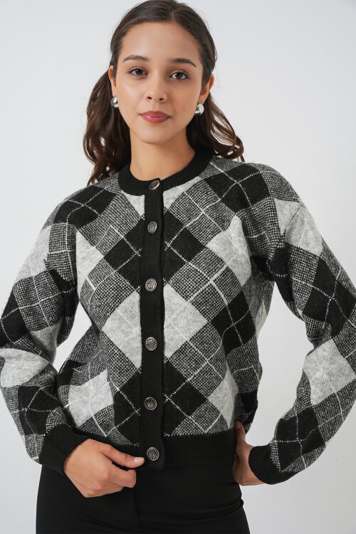 Kadın Desenli Düğmeli Triko Hırka 15927 - Siyah