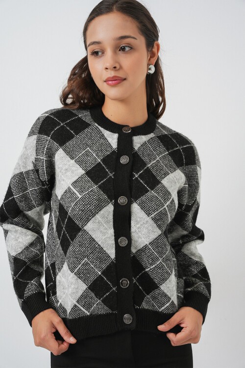 Kadın Desenli Düğmeli Triko Hırka 15927 - Siyah