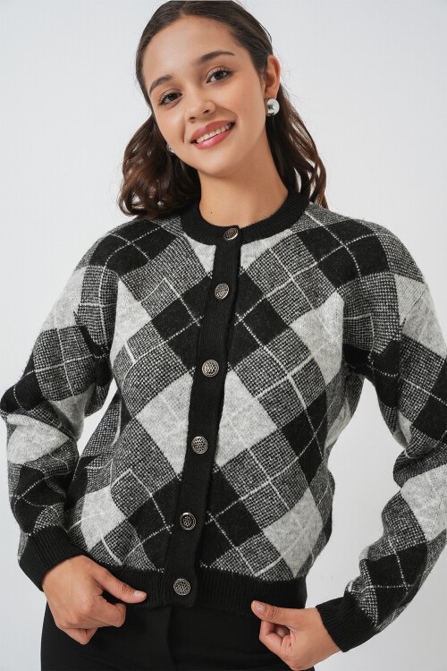 Kadın Desenli Düğmeli Triko Hırka 15927 - Siyah