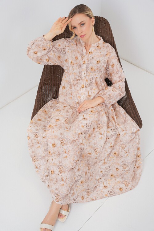 Kadın Desenli Tesettür Elbise 2583 - Bej