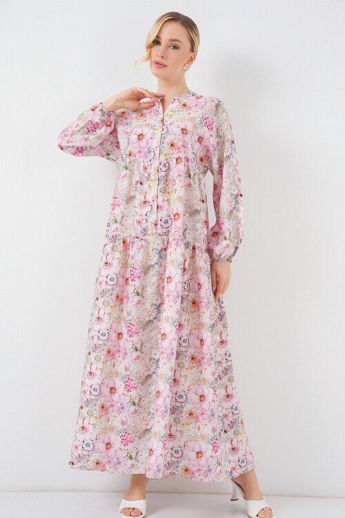 Kadın Desenli Tesettür Elbise 2583 - Pembe