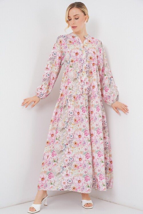 Kadın Desenli Tesettür Elbise 2583 - Pembe