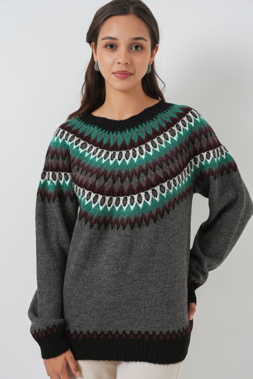 Kadın Desenli Triko Kazak 15932 - Antrasit