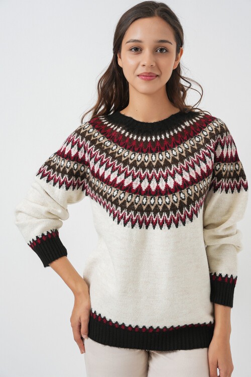 Kadın Desenli Triko Kazak 15932 - Ekru