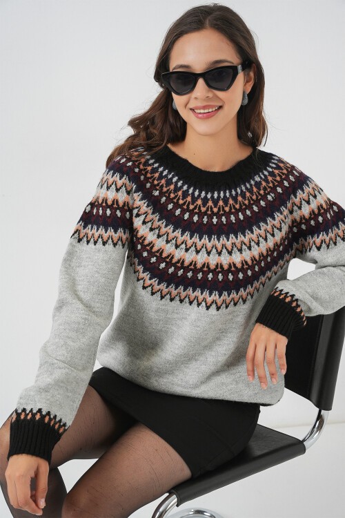 Kadın Desenli Triko Kazak 15932 - Gri