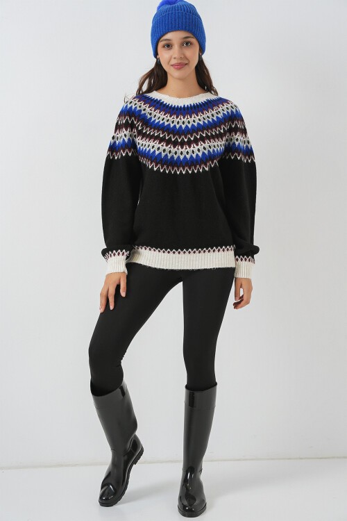 Kadın Desenli Triko Kazak 15932 - Siyah