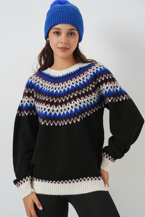 Kadın Desenli Triko Kazak 15932 - Siyah