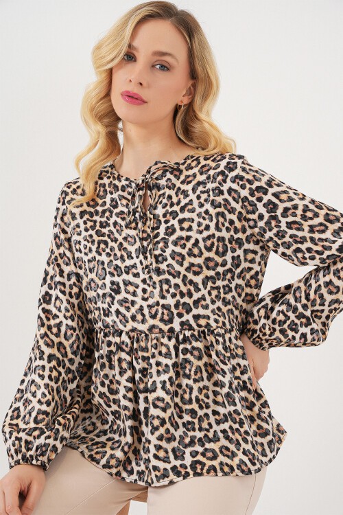 Kadın Desenli Uzun Kol Bluz 970 - C. Kahverengi