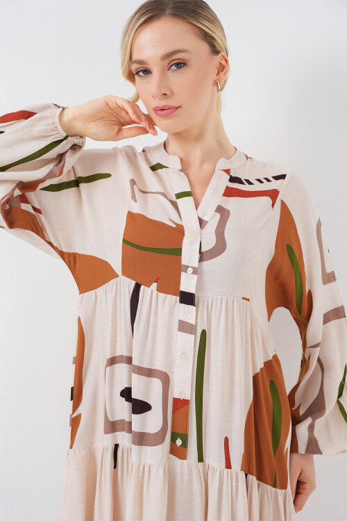 Kadın Desenli Uzun Tesettür Elbise 2585 - A.KREM