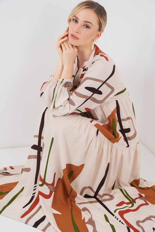 Kadın Desenli Uzun Tesettür Elbise 2585 - A.KREM