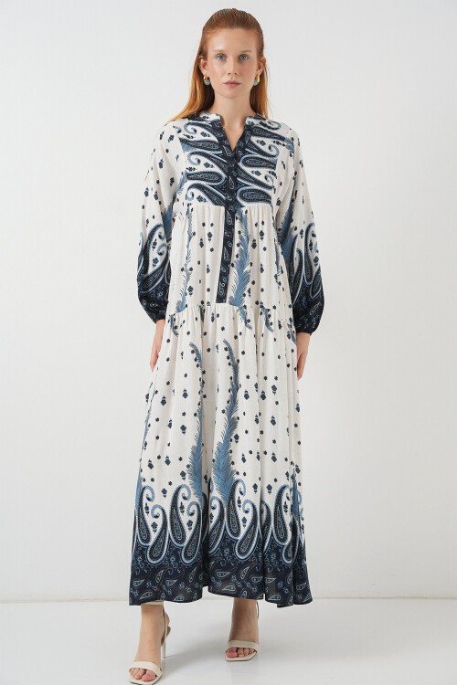 Kadın Desenli Uzun Tesettür Elbise 2585 - A.Lacivert
