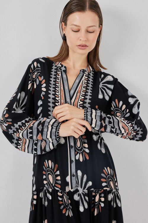 Kadın Desenli Uzun Tesettür Elbise 2585 - A.Siyah