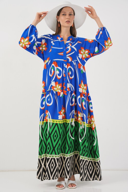 Kadın Desenli Uzun Tesettür Elbise 2585 - A.Turuncu