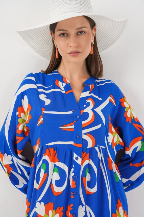 Kadın Desenli Uzun Tesettür Elbise 2585 - A.Turuncu