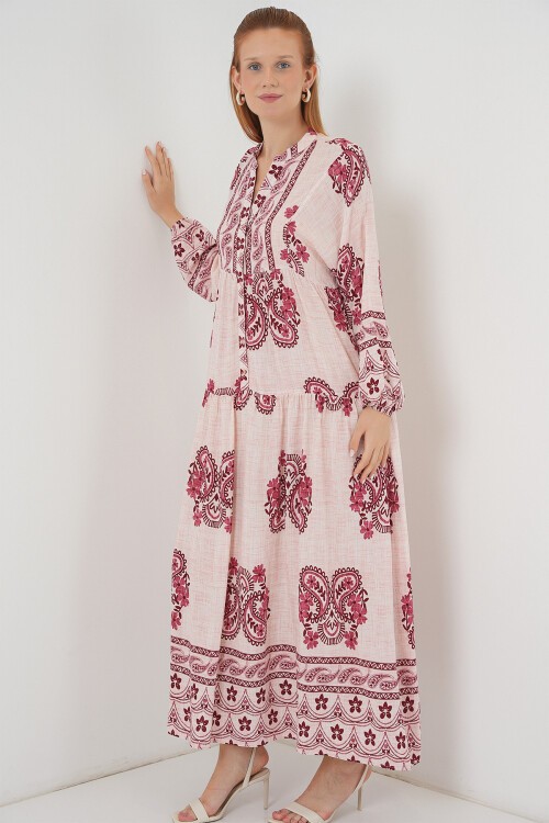 Kadın Desenli Uzun Tesettür Elbise 2585 - B.Kırmızı