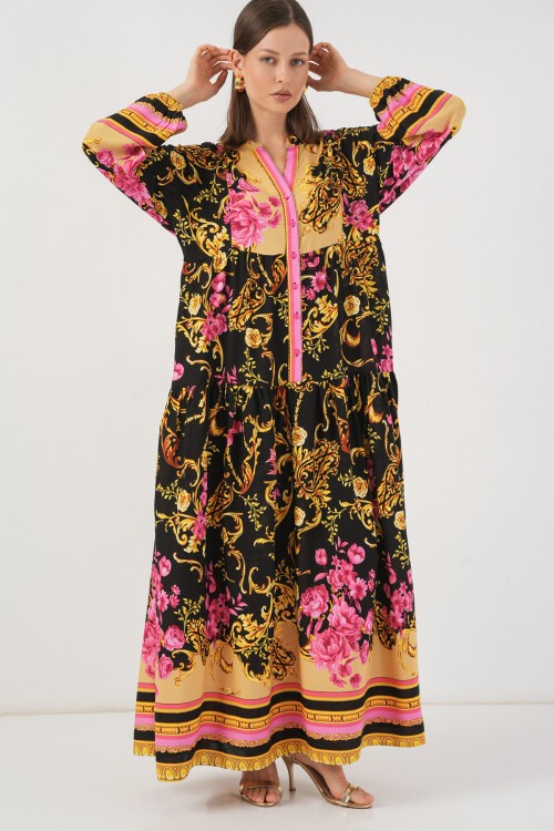 Kadın Desenli Uzun Tesettür Elbise 2585 - B.Sarı