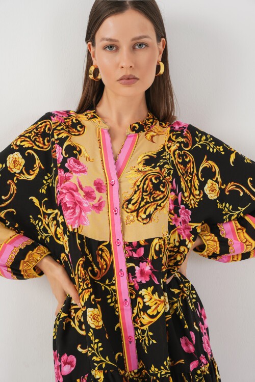 Kadın Desenli Uzun Tesettür Elbise 2585 - B.Sarı