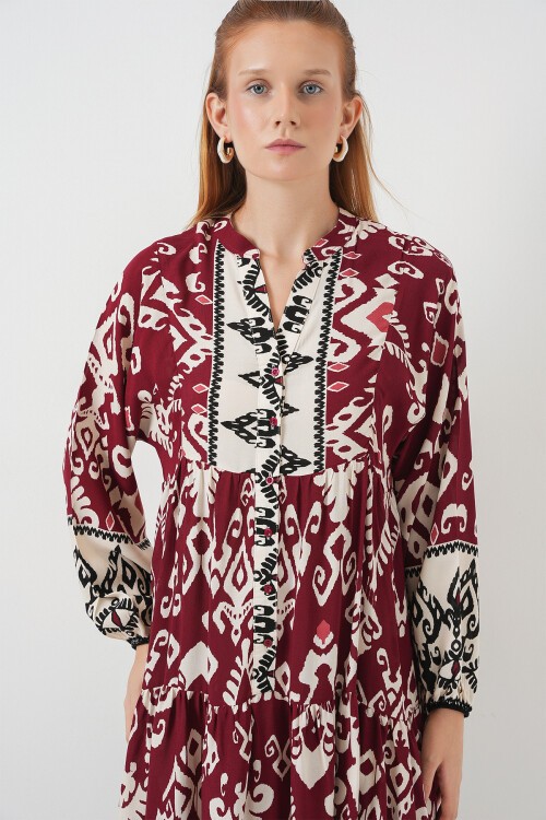 Kadın Desenli Uzun Tesettür Elbise 2585 - Bordo