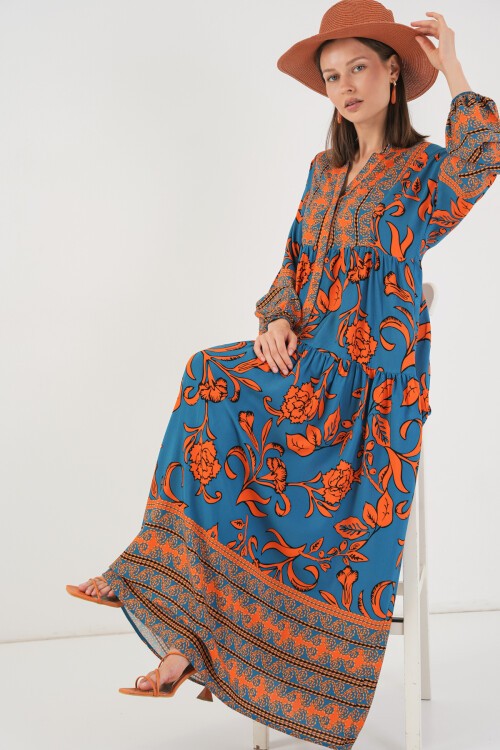 Kadın Desenli Uzun Tesettür Elbise 2585 - C. Turuncu