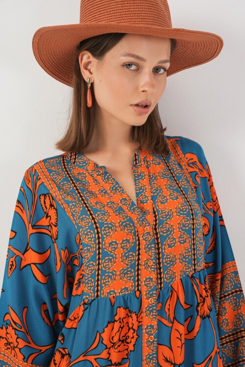 Kadın Desenli Uzun Tesettür Elbise 2585 - C. Turuncu