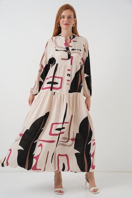 Kadın Desenli Uzun Tesettür Elbise 2585 - C.Krem