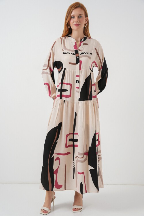 Kadın Desenli Uzun Tesettür Elbise 2585 - C.Krem