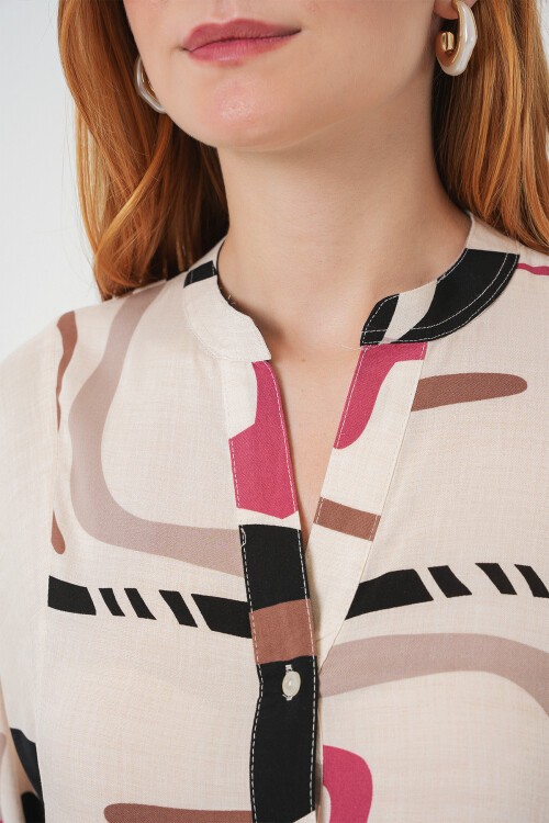 Kadın Desenli Uzun Tesettür Elbise 2585 - C.Krem