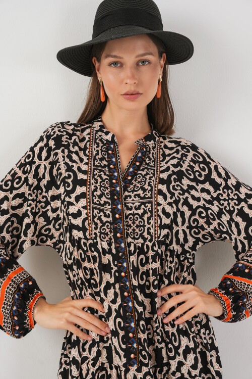 Kadın Desenli Uzun Tesettür Elbise 2585 - C.Siyah