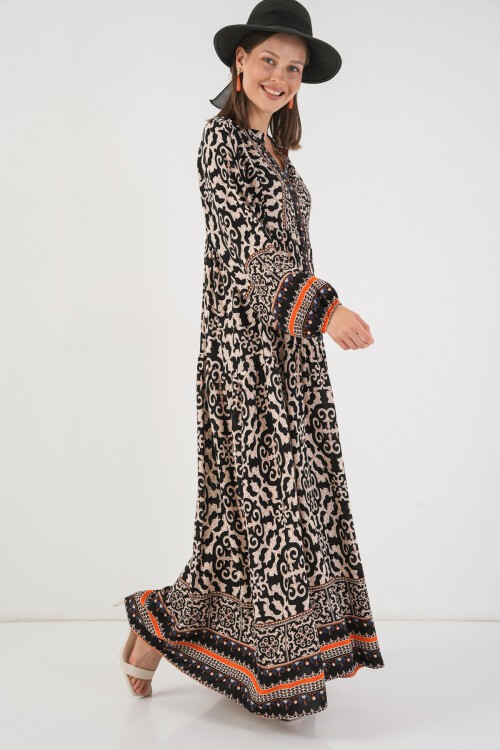 Kadın Desenli Uzun Tesettür Elbise 2585 - C.Siyah