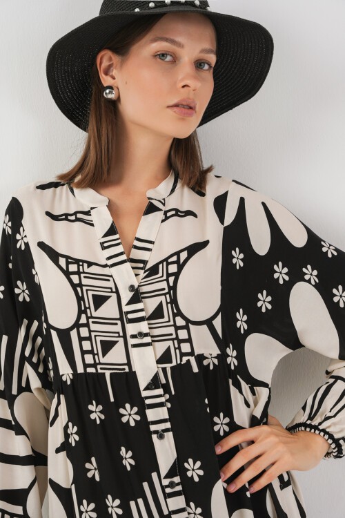 Kadın Desenli Uzun Tesettür Elbise 2585 - D. Siyah