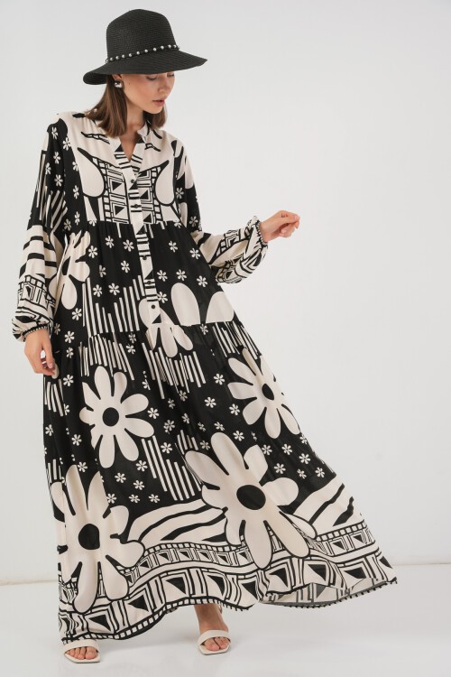 Kadın Desenli Uzun Tesettür Elbise 2585 - D. Siyah