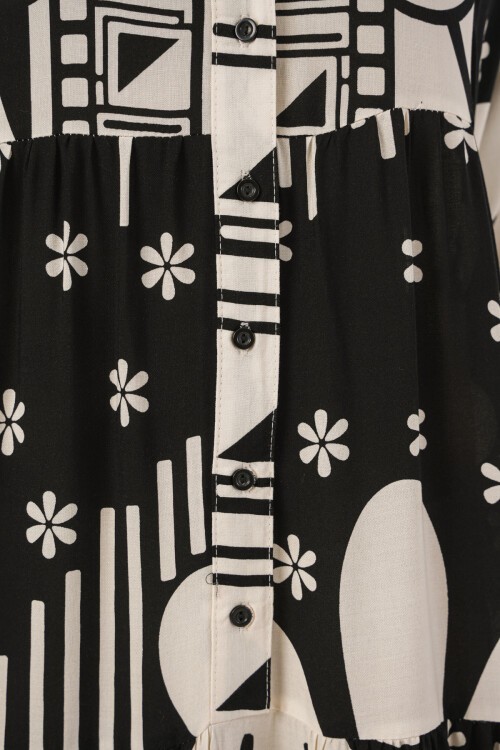 Kadın Desenli Uzun Tesettür Elbise 2585 - D. Siyah