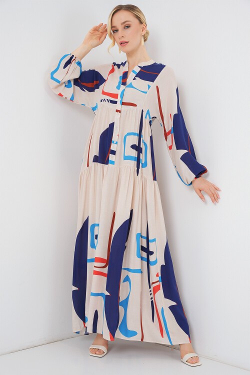 Kadın Desenli Uzun Tesettür Elbise 2585 - D.Krem