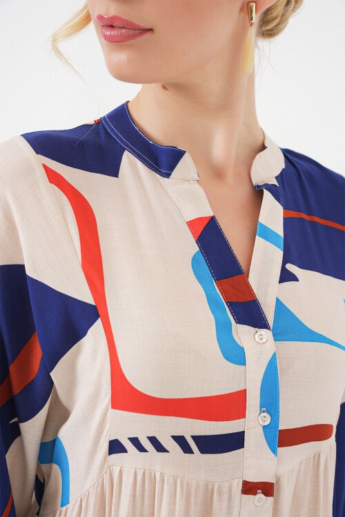 Kadın Desenli Uzun Tesettür Elbise 2585 - D.Krem