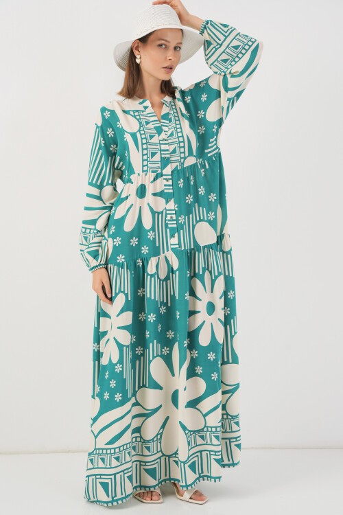 Kadın Desenli Uzun Tesettür Elbise 2585 - E.Mint