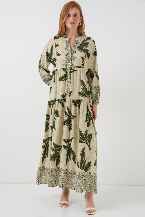 Kadın Desenli Uzun Tesettür Elbise 2585 - E.Yeşil